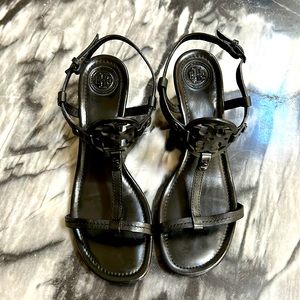 Tory Burch Black Leather Wedge Miller Logo Sandals